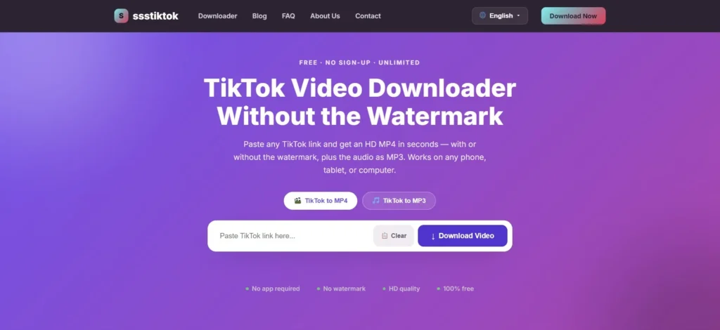TikTok Downloader homepage showing a tool to download TikTok videos without watermark in HD quality.