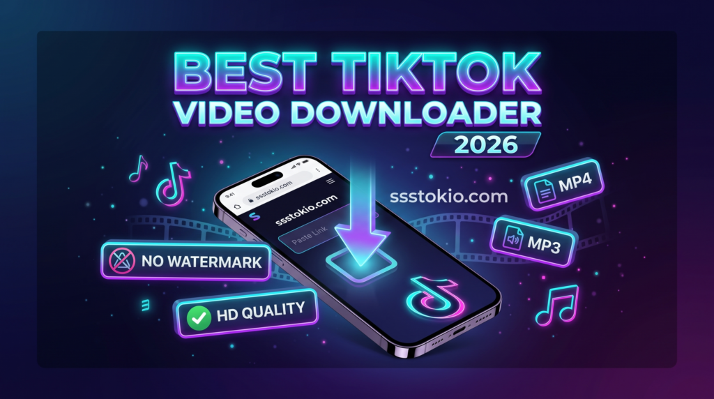 A neon 3D graphic featuring the text "BEST TIKTOK VIDEO DOWNLOADER 2026" above a smartphone displaying the ssstokio.com website, surrounded by glowing feature badges for "NO WATERMARK", "HD QUALITY", "MP4", and "MP3