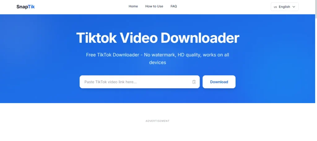 The SnapTik website interface with a blue background, displaying the text "Tiktok Video Downloader" and a text box to paste the video link for a watermark-free download